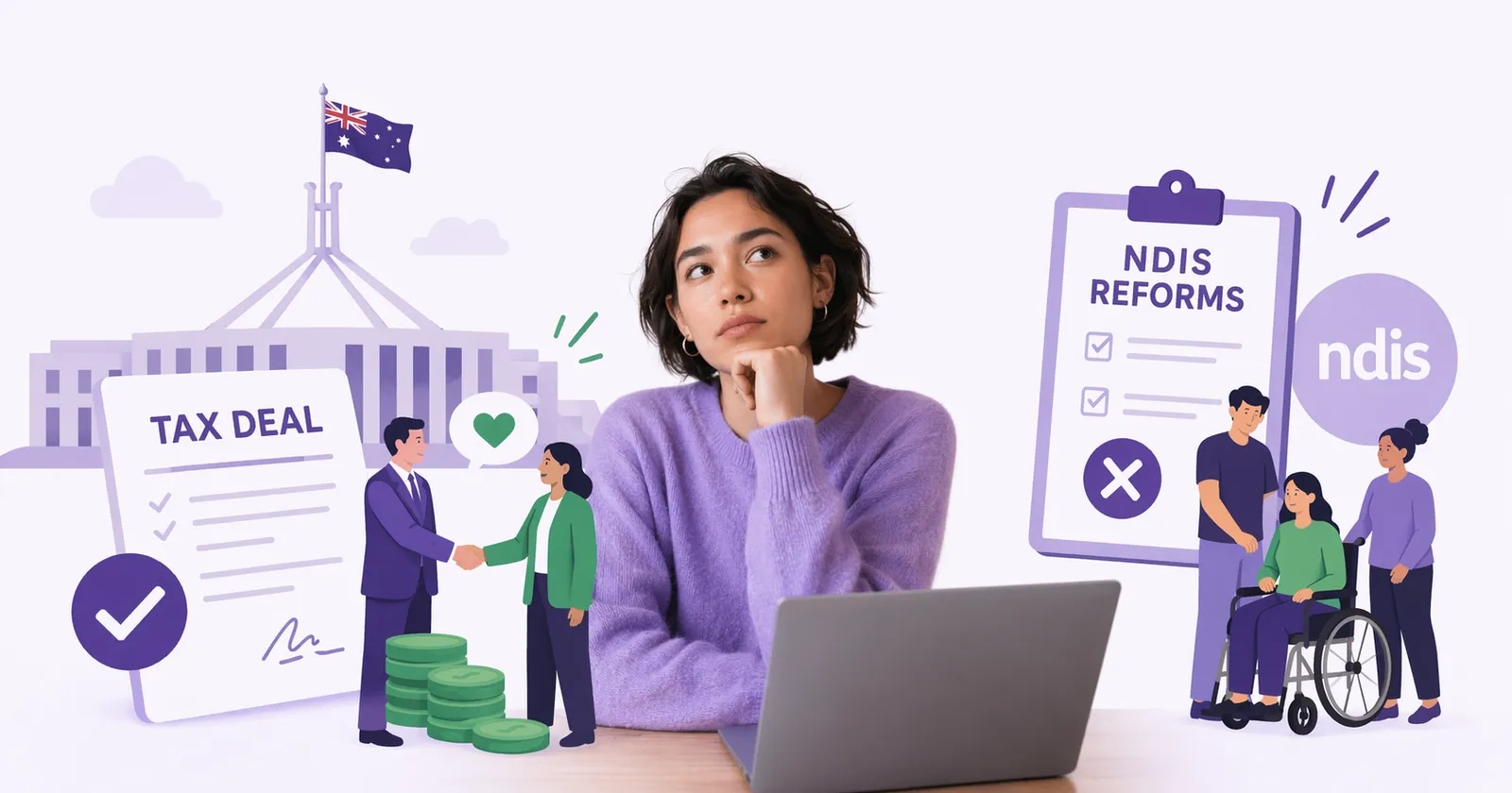 Editorial illustration of tax and NDIS reform documents beside Parliament House and a participant.