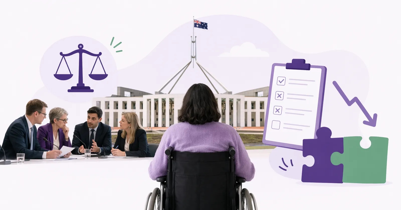 Editorial illustration of a wheelchair user, Parliament House and a discussion table.
