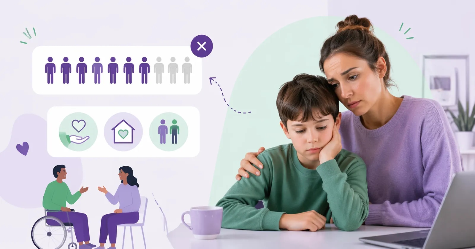 Editorial illustration of a parent and child beside symbols for participant numbers and disability supports.