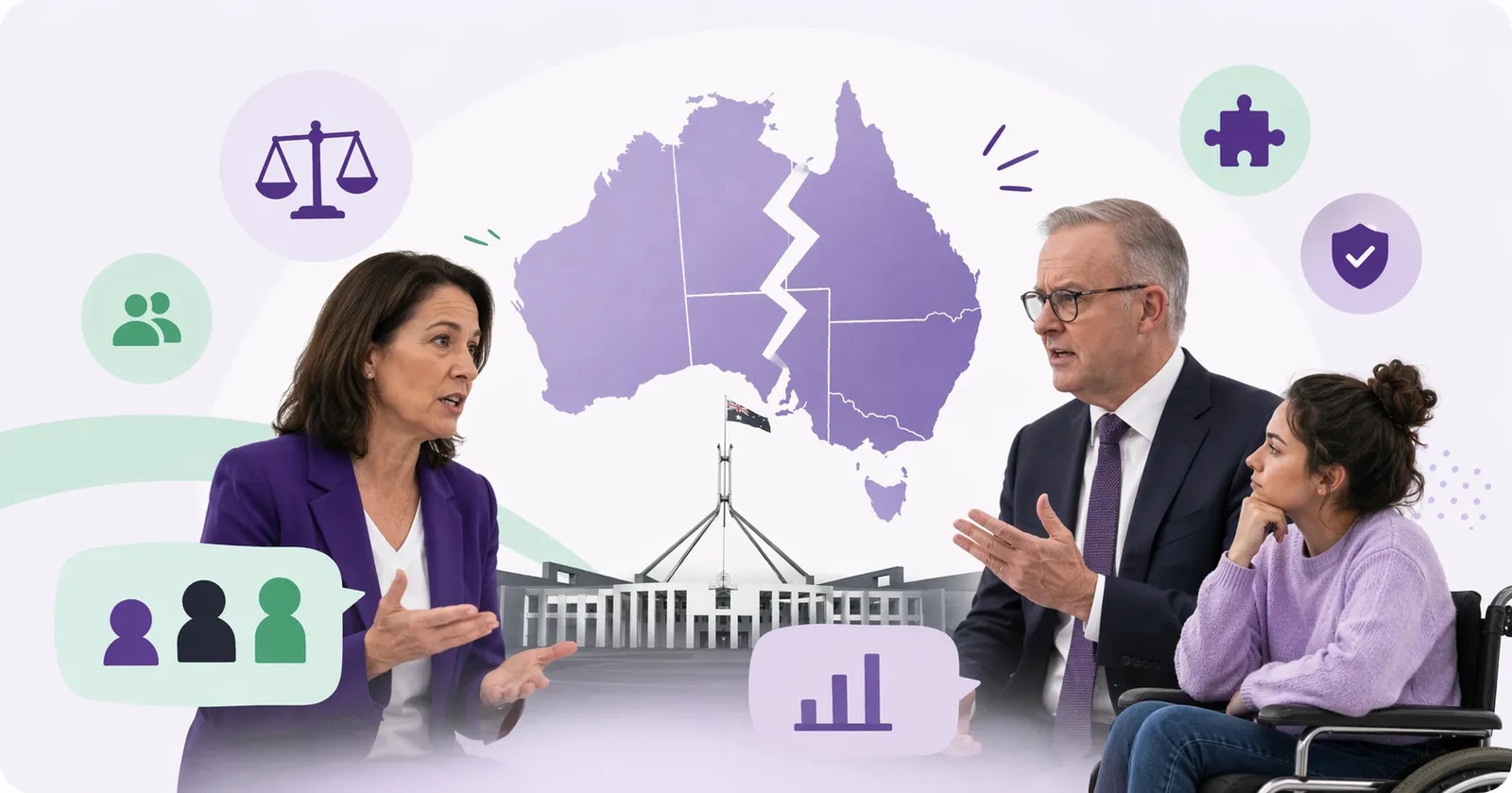 Editorial illustration of Australian political leaders and debate over NDIS reforms.
