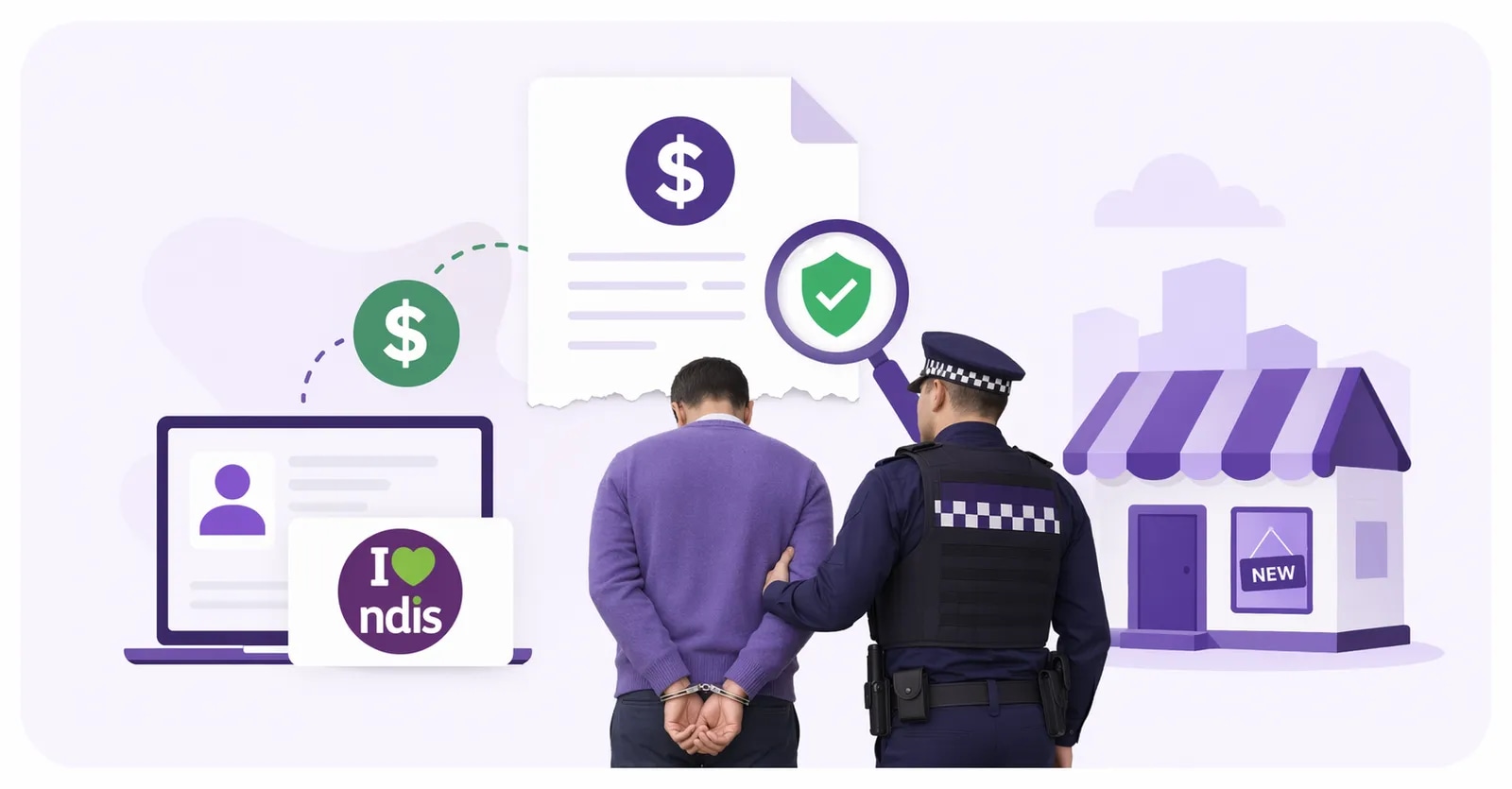 Editorial illustration of an arrest scene accompanying reporting on NDIS fraud allegations.
