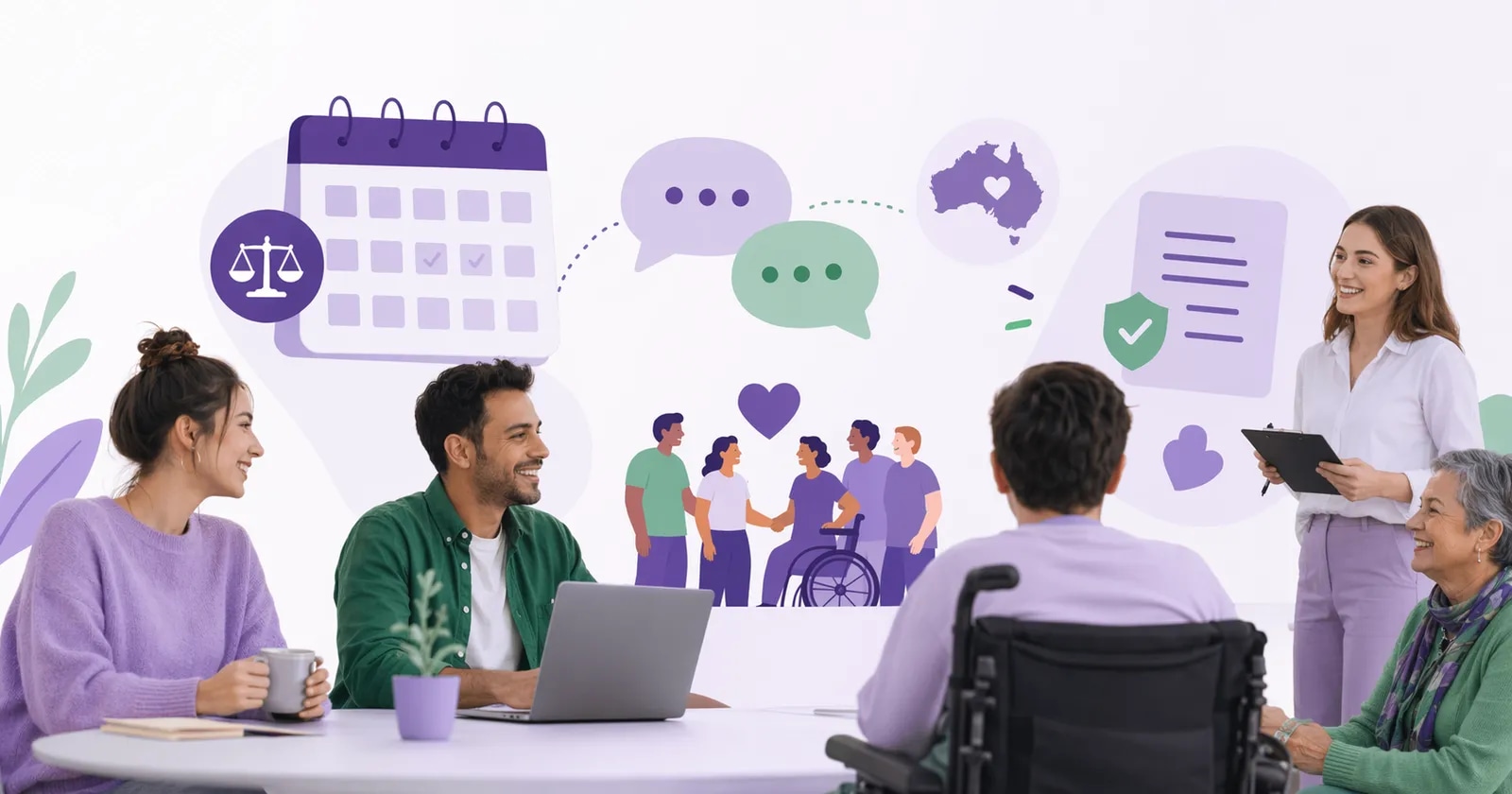 Editorial illustration of a community consultation with a calendar and speech bubbles.