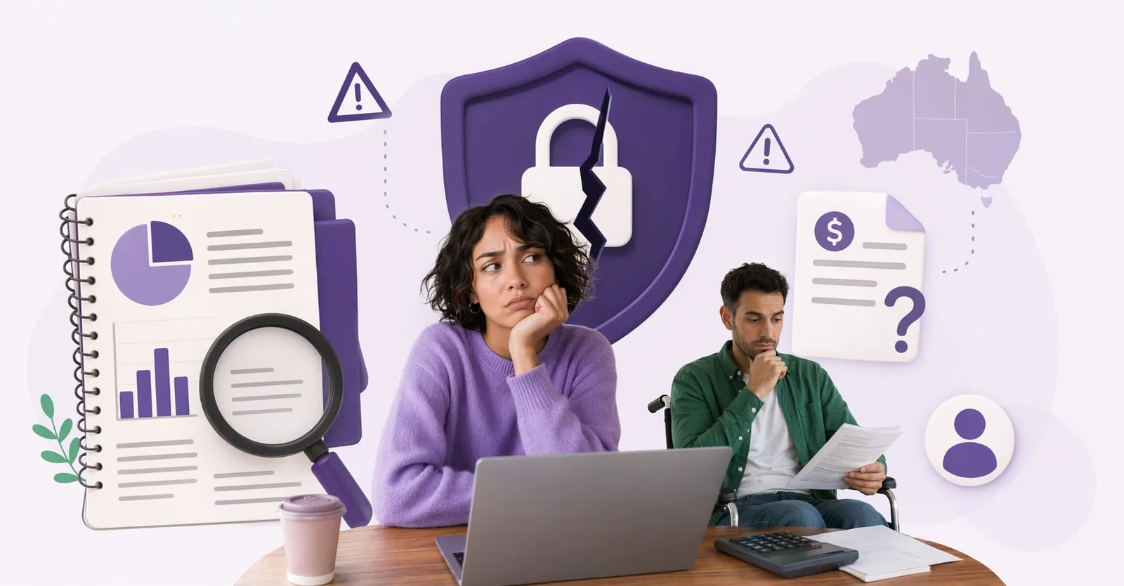 Editorial illustration of people reviewing documents beside a shield and magnifying glass.