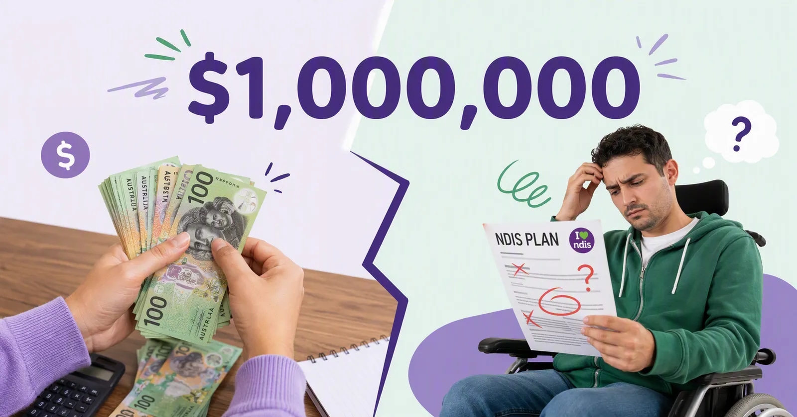 Editorial illustration of NDIS billing documents, a participant and a $1,000,000 figure.